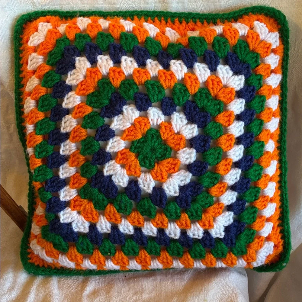 Granny Pillow Granny Square Pillow Colorful Crochet Orange Blue Green White Yarn